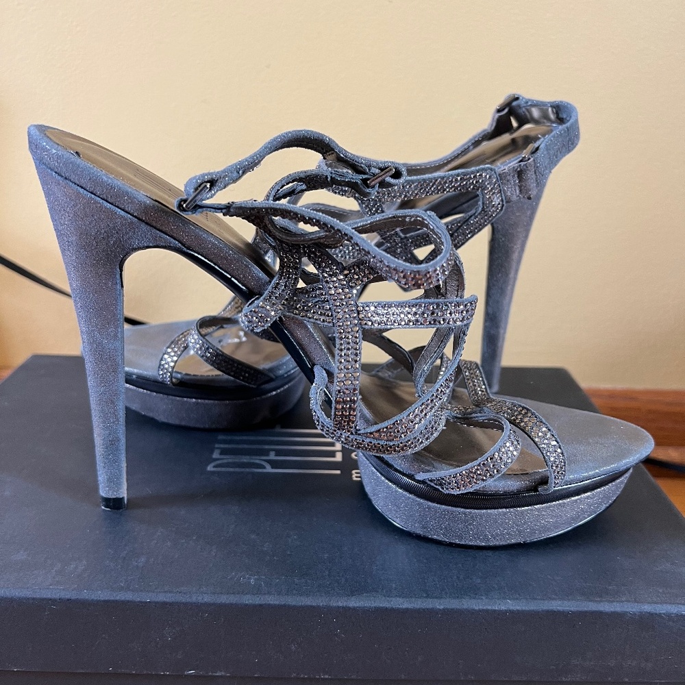 PELLE pewter rhinestone/suede platform sandal